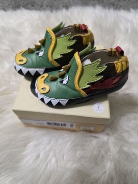 Robeez Green Dragon Moccasins with Yellow, Red and Brown Accents